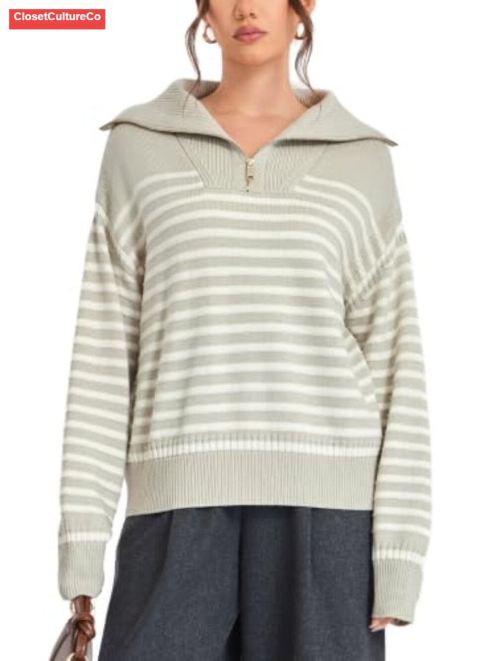 Wool Blend Quarter Zip Sweater Collared Pullover